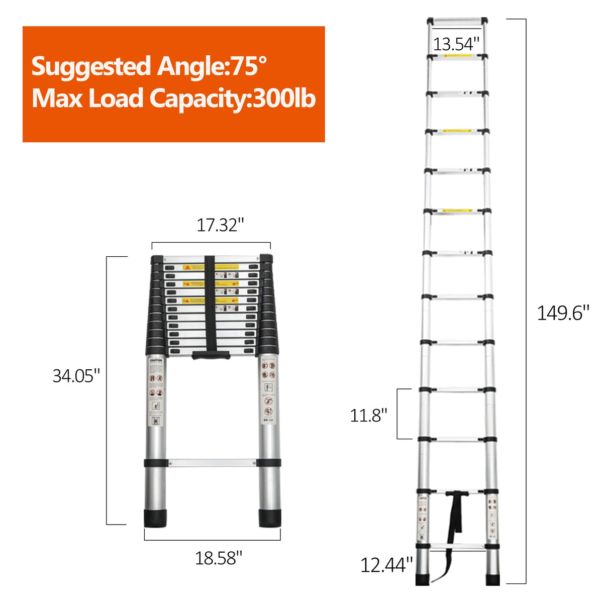 12.5FT Aluminum Telescoping Ladder 300 lbs B2606