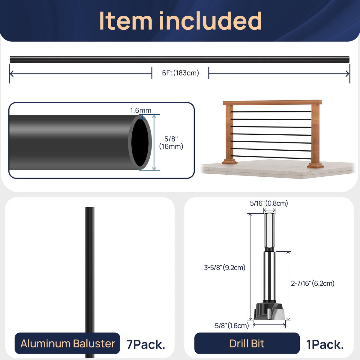 7 Pack 6 FT x 5/8 inch Aluminum Horizontal Baluster with Drill Bit T328848