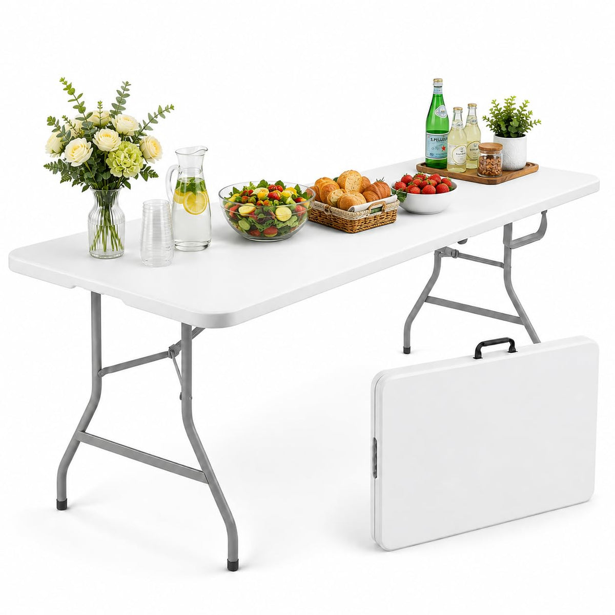 6FT White Folding Plastic Utility Table with Carrying Handle D134628
