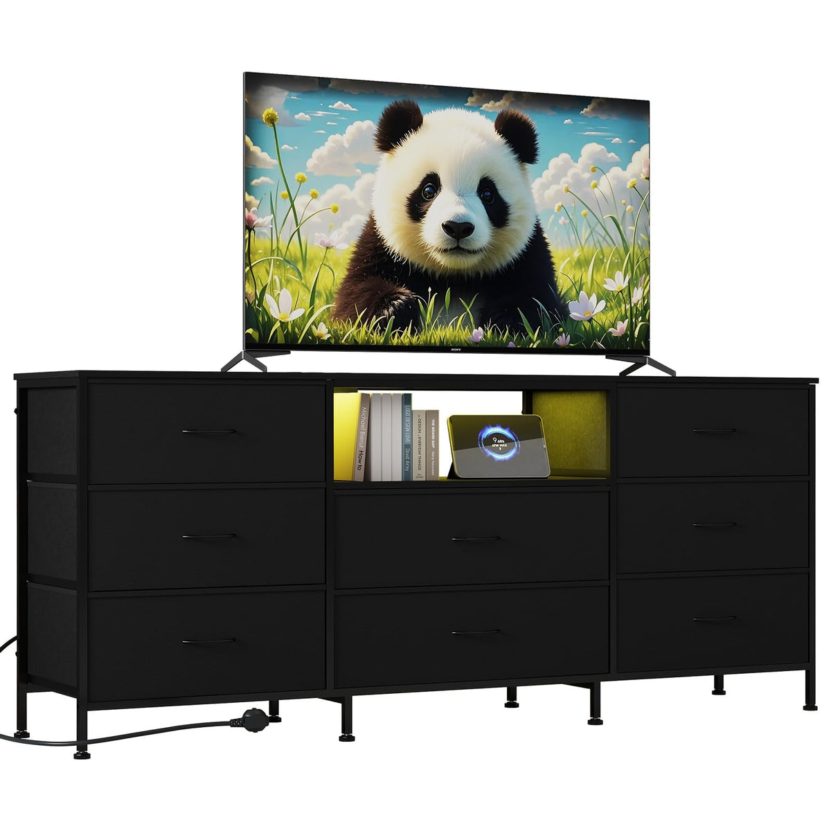 Black LED TV Stand Dresser with 8 Fabric Drawers O936603