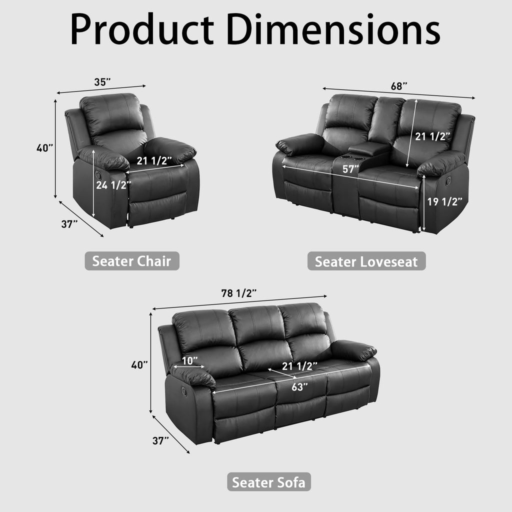 Black 3 Piece Leather Recliner Sofa Set with Cup Holders K110