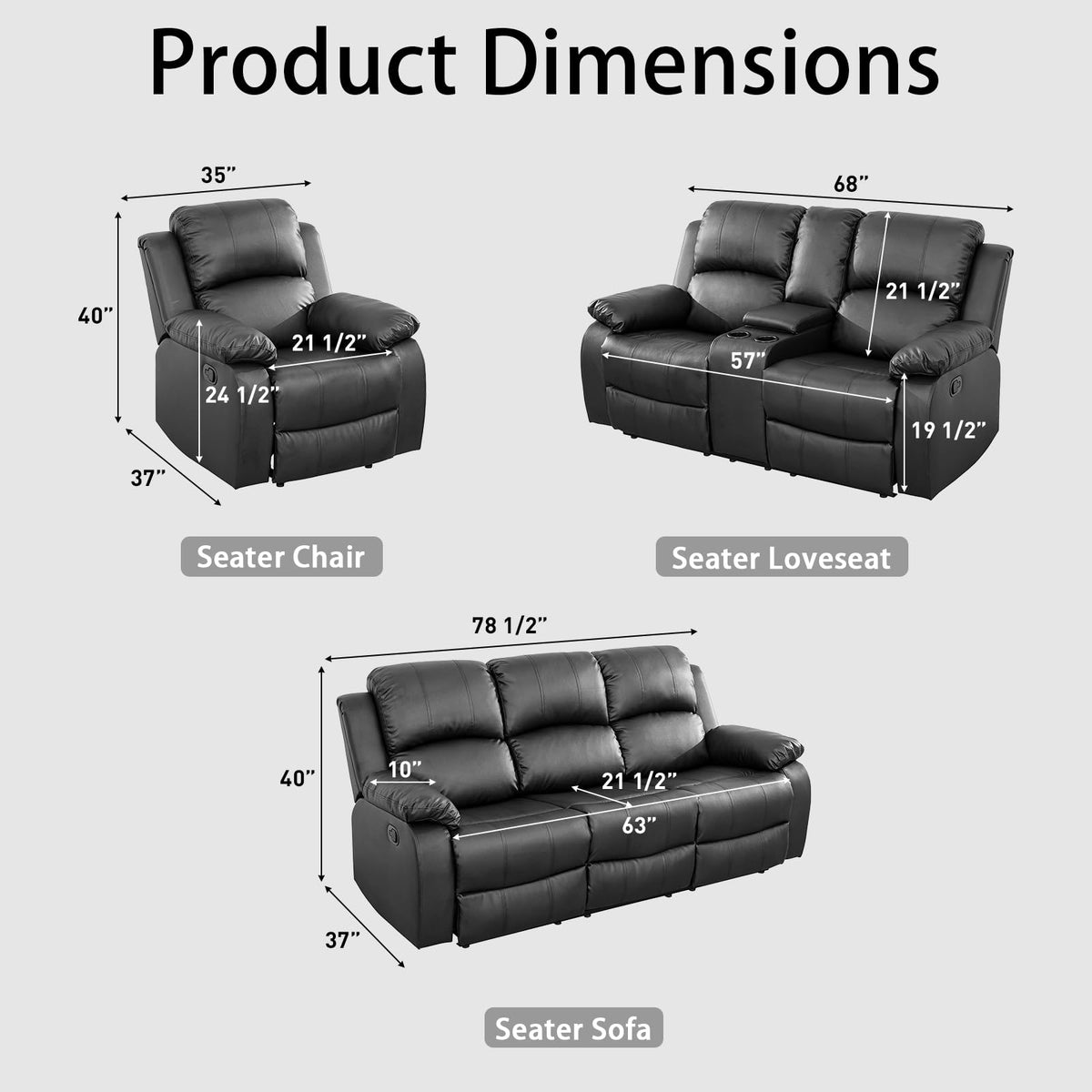 Black 3 Piece Leather Recliner Sofa Set with Cup Holders K110