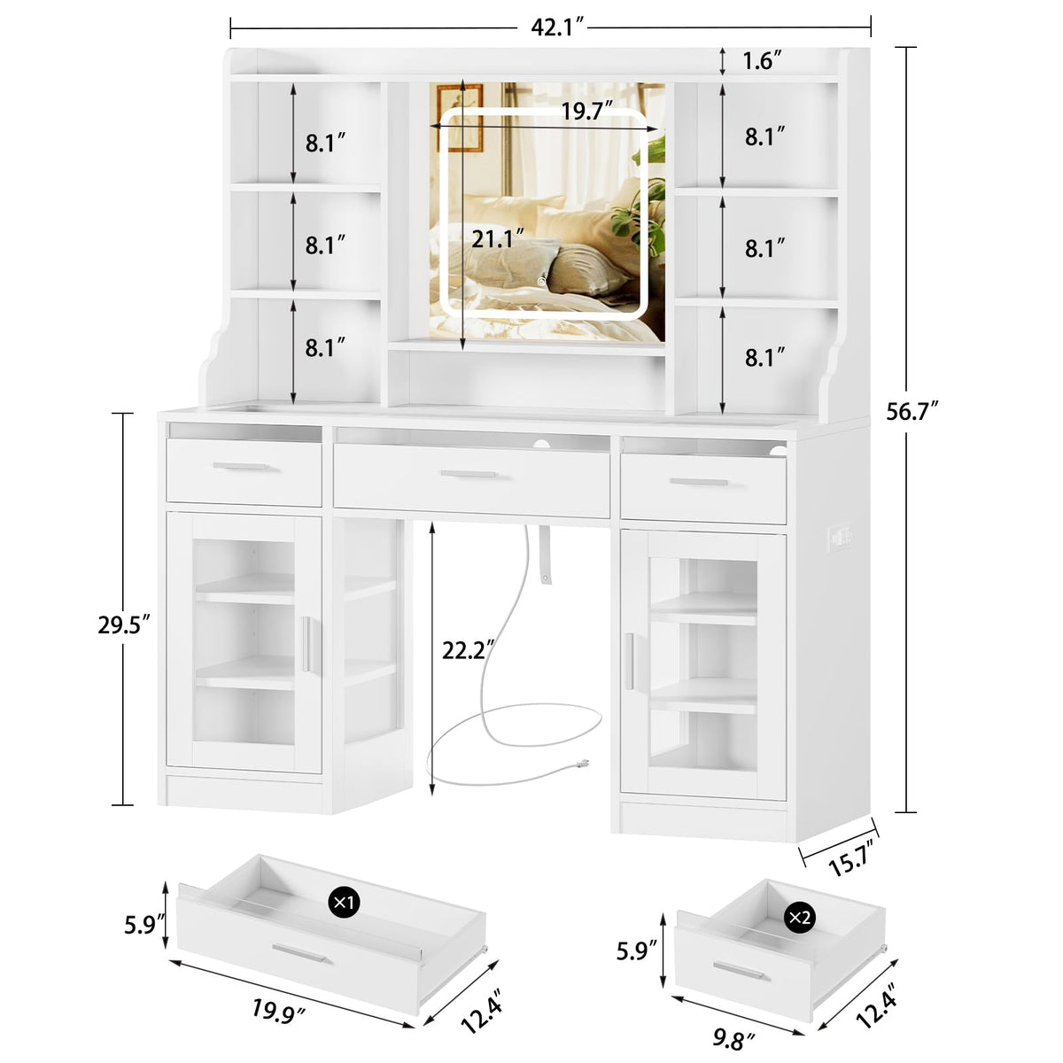 White Vanity Desk with Mirror and Lights U8686