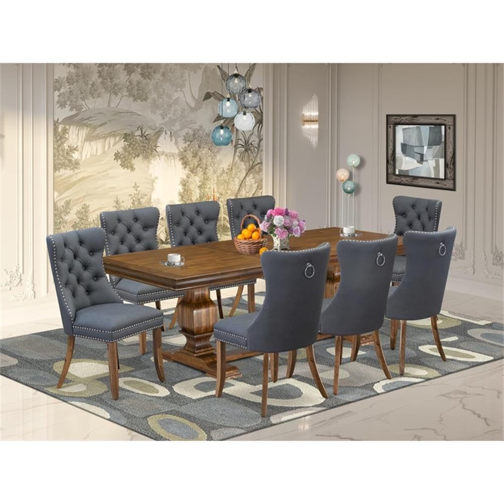 9-Piece Acacia Wood Dining Table Set with Faux Leather Chairs M109212