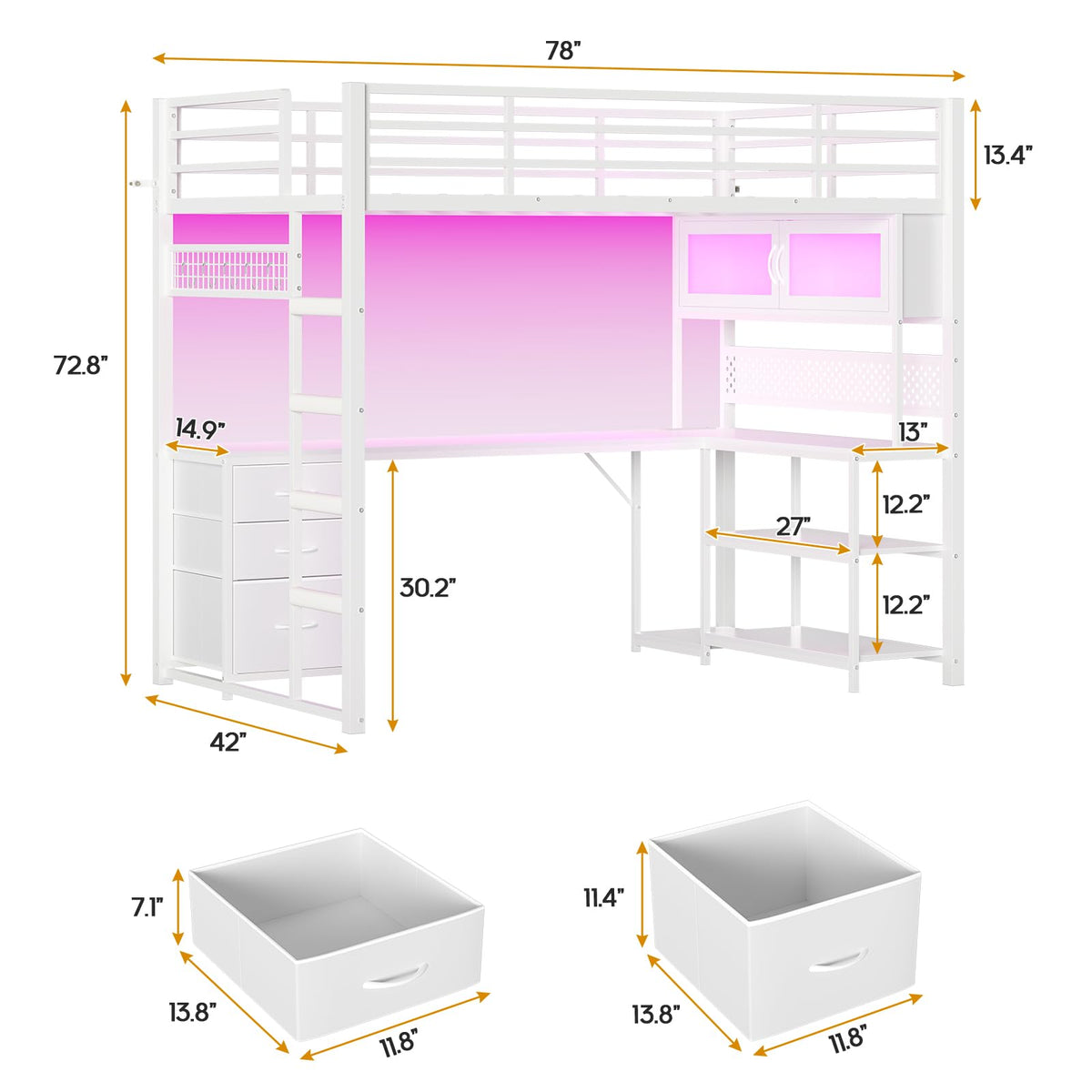 White Twin Gaming Loft Bed with Desk F24864