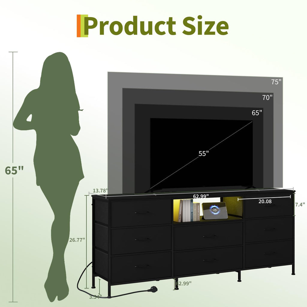 Black LED TV Stand Dresser with 8 Fabric Drawers O936603