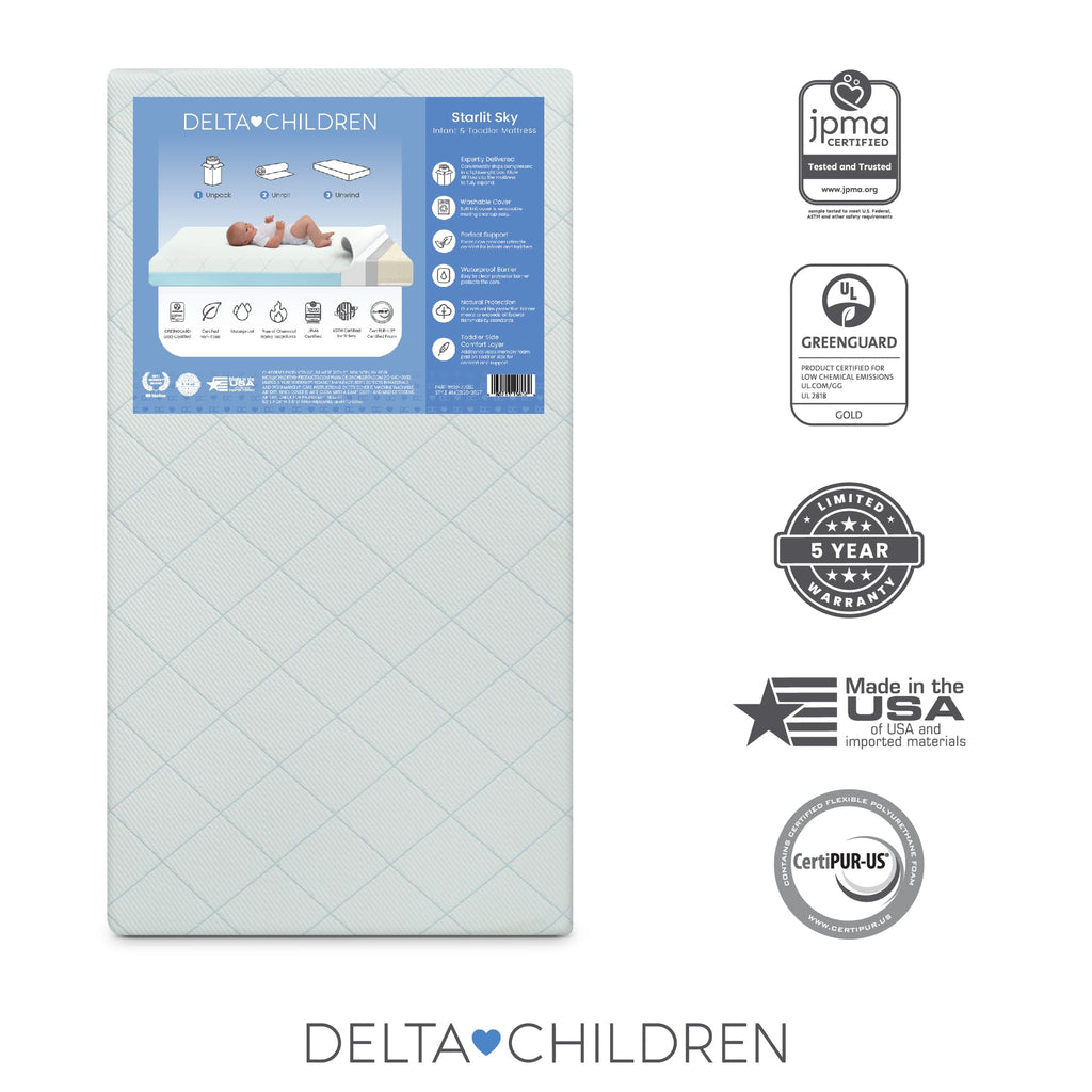 2-Stage Crib and Toddler Mattress with Removable Machine Washable Waterproof Cover J9552