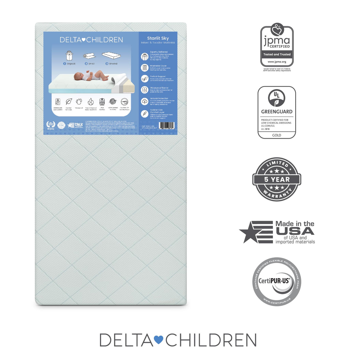 2-Stage Crib and Toddler Mattress with Removable Machine Washable Waterproof Cover J9552