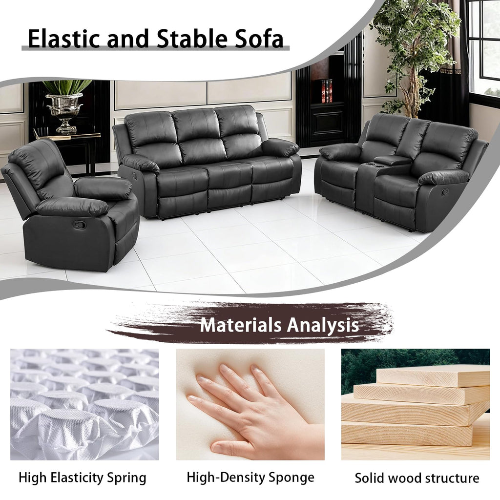 Black 3 Piece Leather Recliner Sofa Set with Cup Holders K110