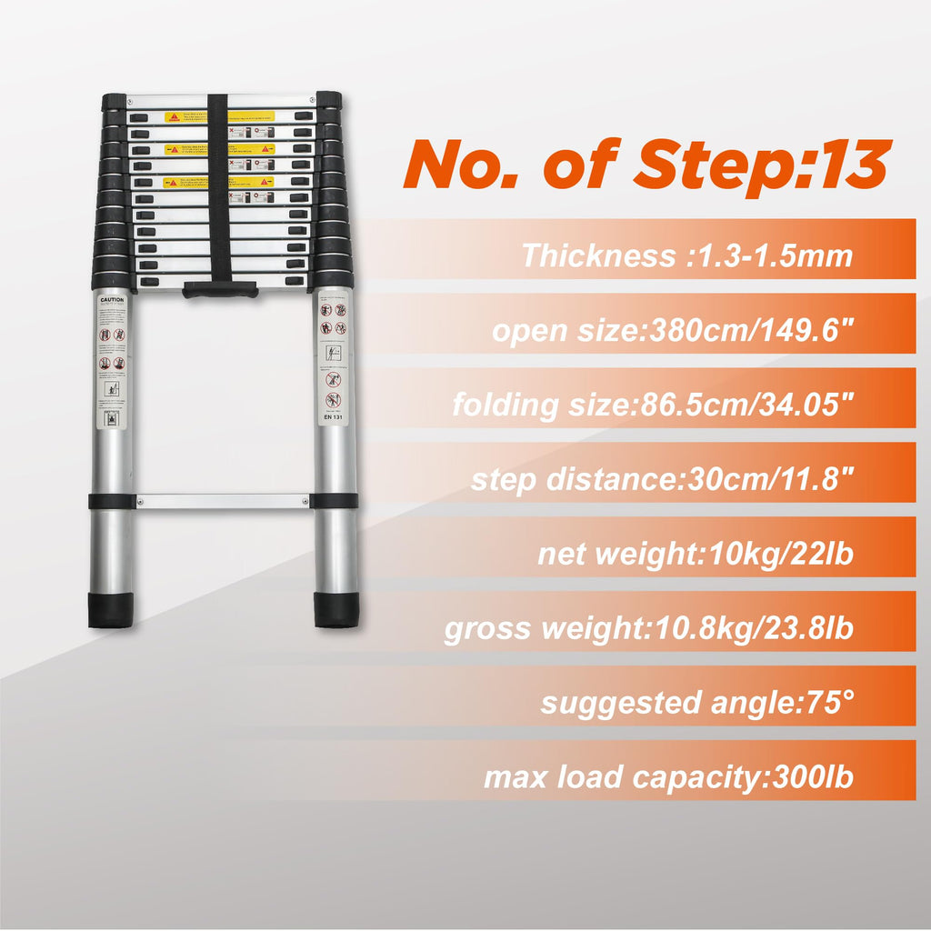 12.5FT Aluminum Telescoping Ladder 300 lbs B2606