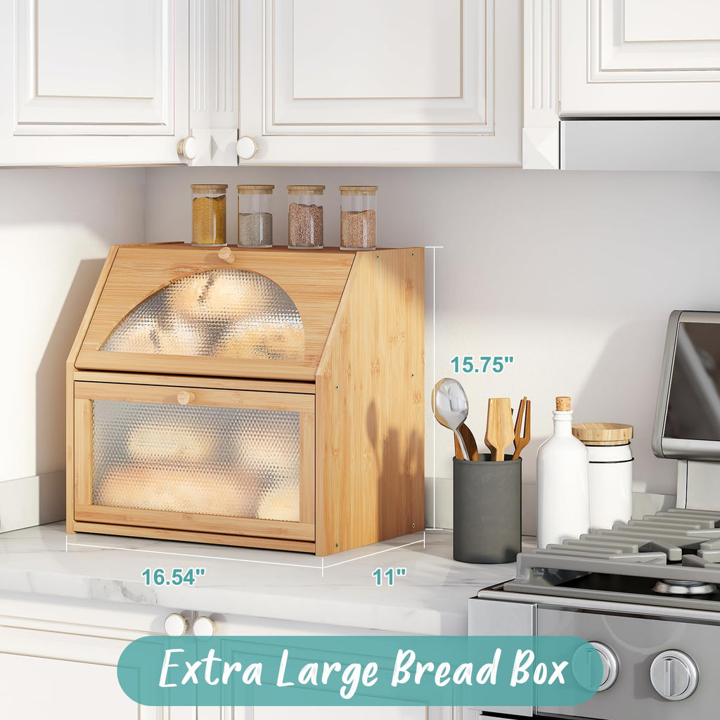 Extra Large Bamboo Wood Double Layer Bread Box A830622