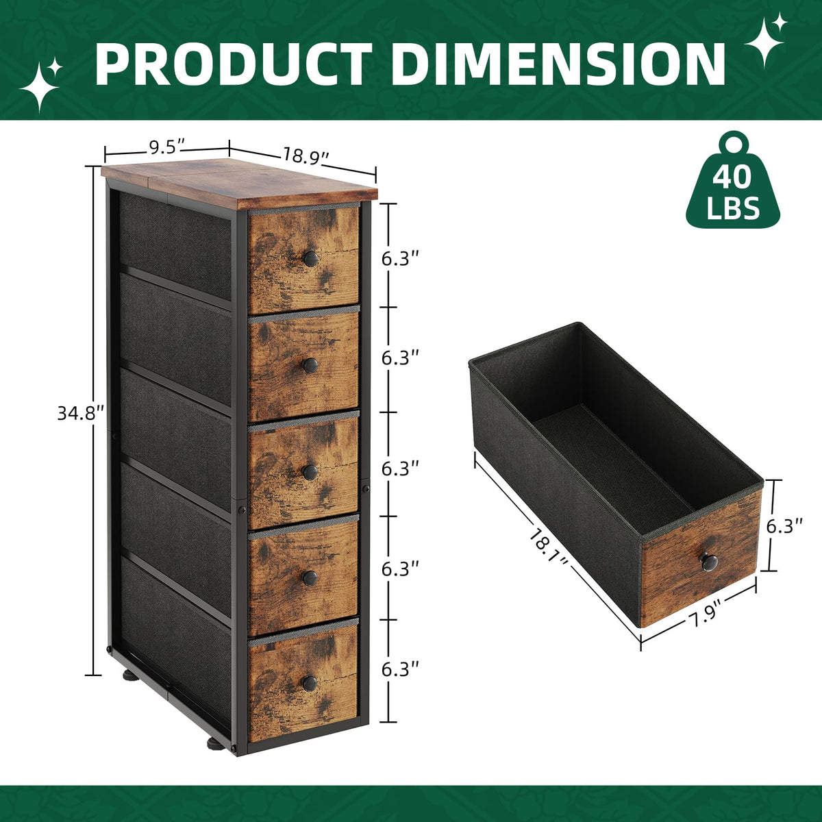 Narrow 5 Fabric Drawers Rustic Brown Dresser A109