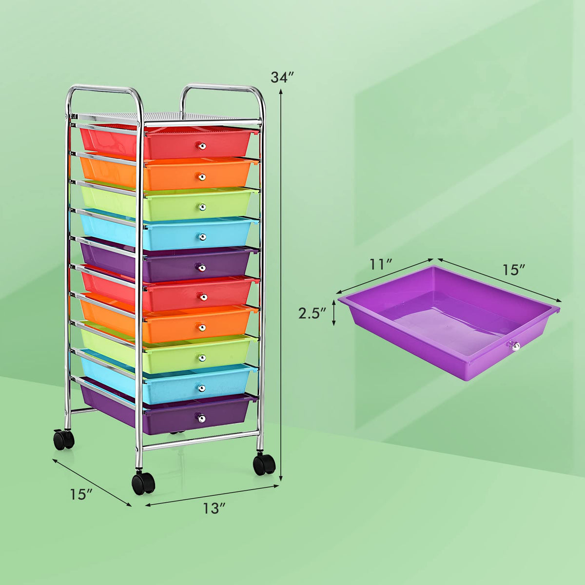 10 Drawer Rolling Storage Cart with Steel Frame K2707