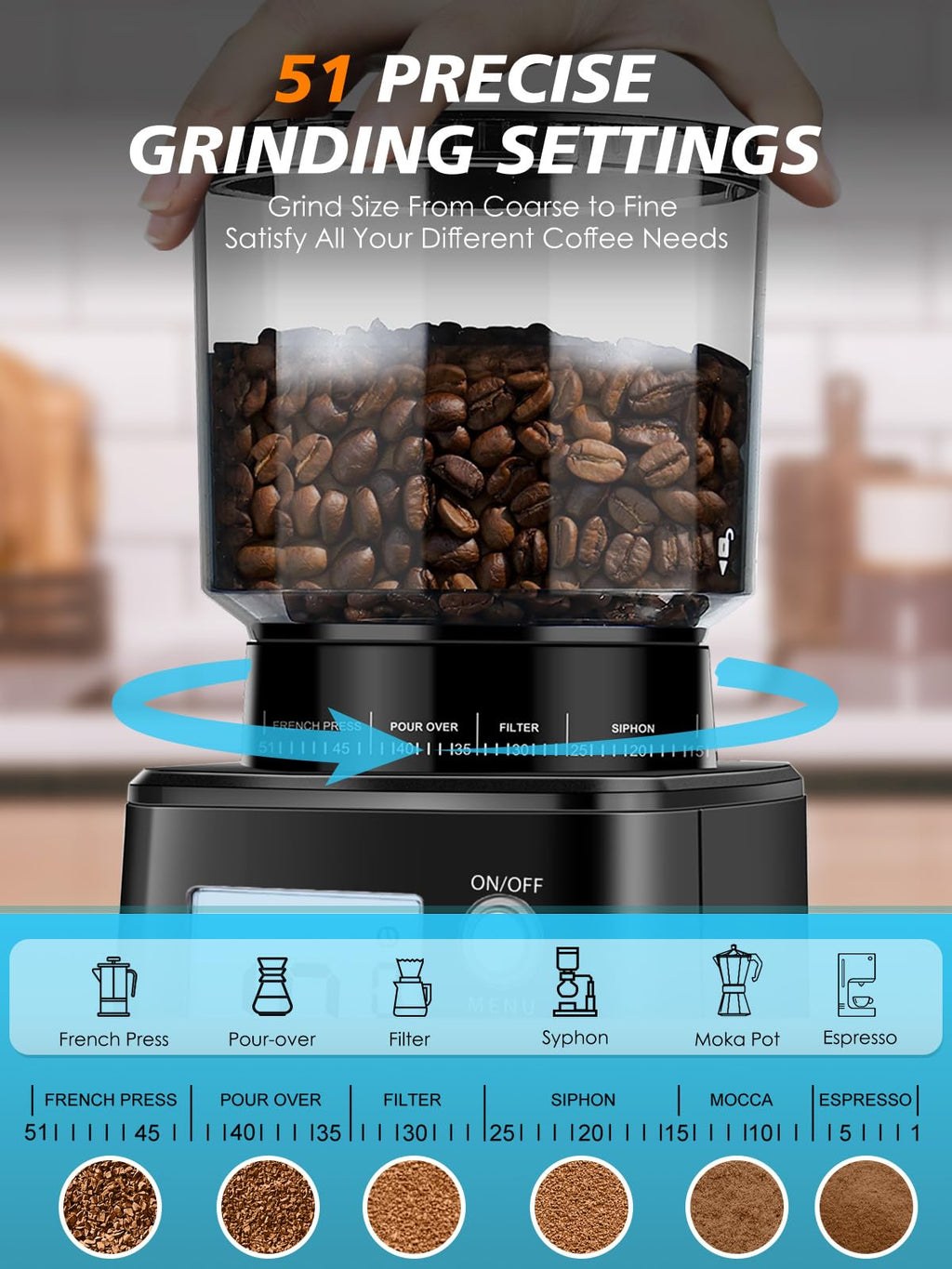 Conical Burr Espresso Coffee Grinder, 51 Settings, Stainless Steel F231