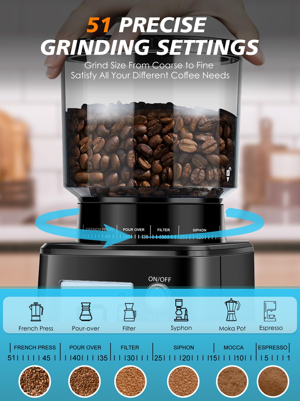 Conical Burr Espresso Coffee Grinder, 51 Settings, Stainless Steel F231