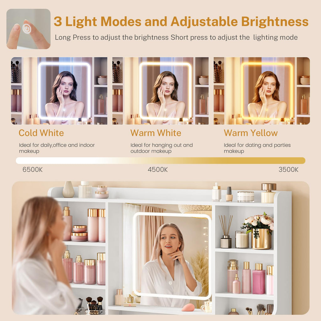 White Vanity Desk with Mirror and Lights U8686
