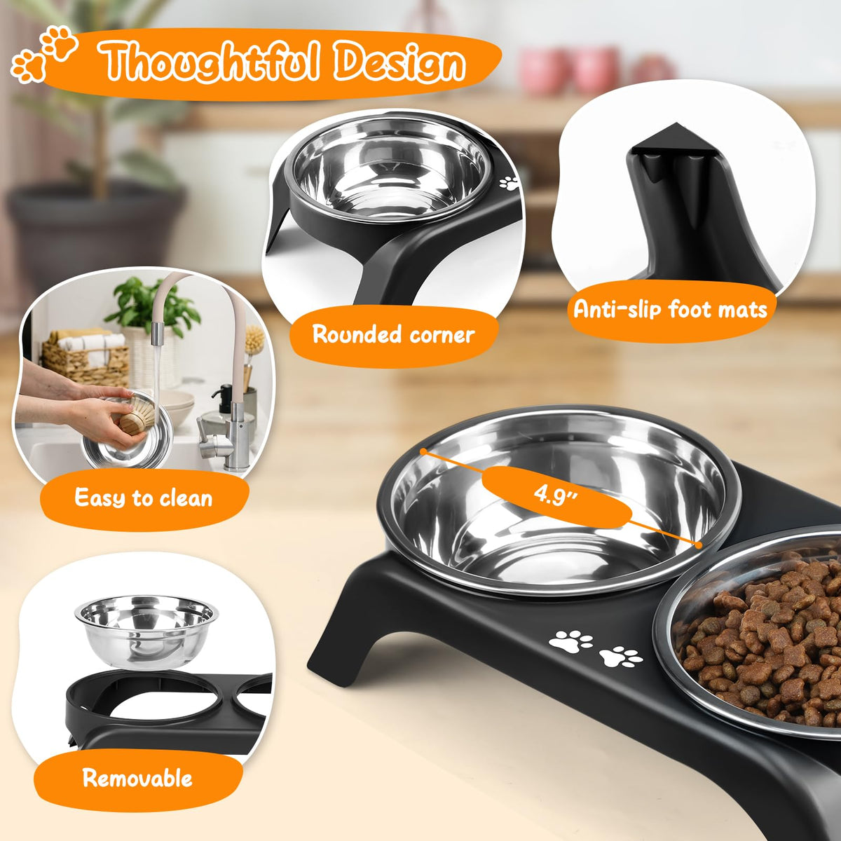 Elevated Dog Bowls with 5” Stainless Steel Bowls Black T776140