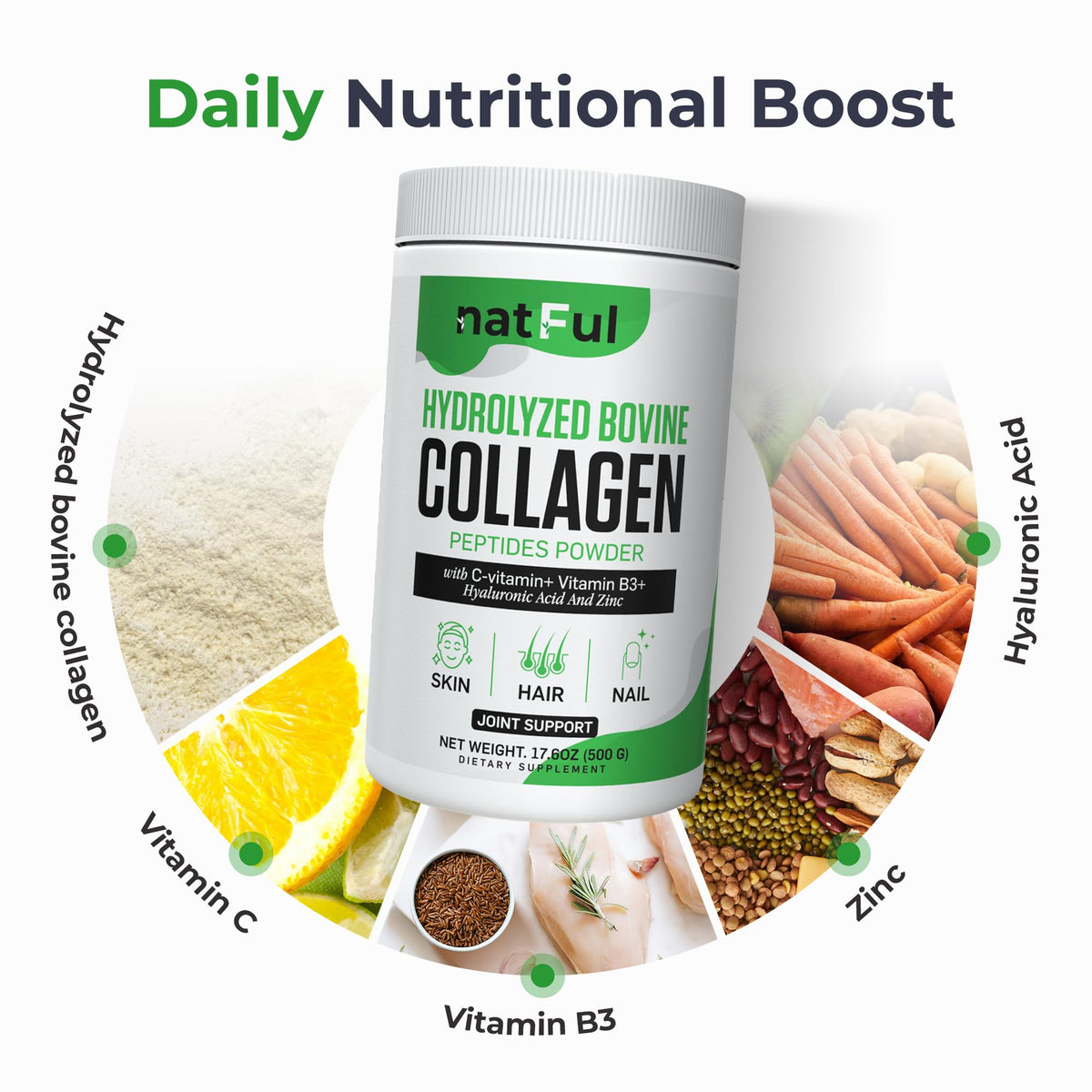 Hydrolyzed Bovine Collagen Peptides Powder with Vitamin C, Hyaluronic Acid, Zinc & B3 T409