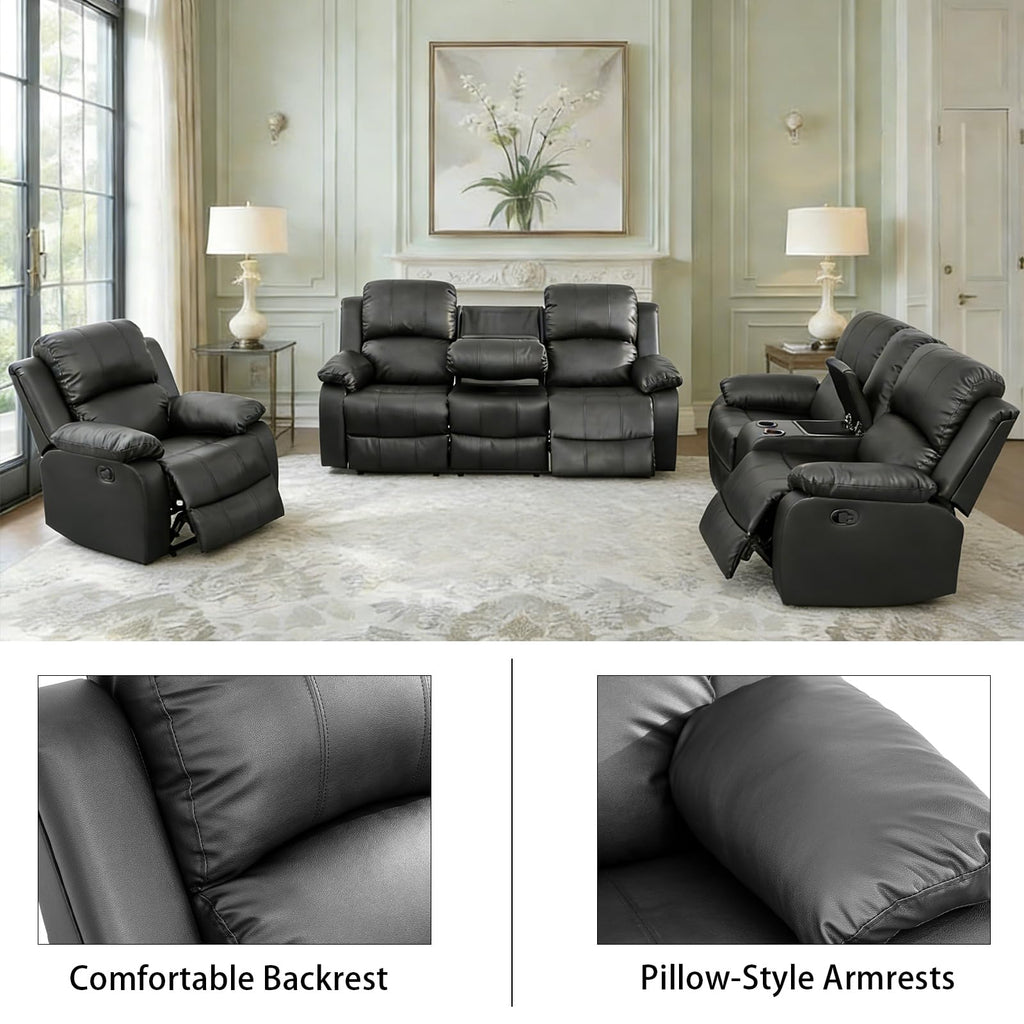 Black 3 Piece Leather Recliner Sofa Set with Cup Holders K110