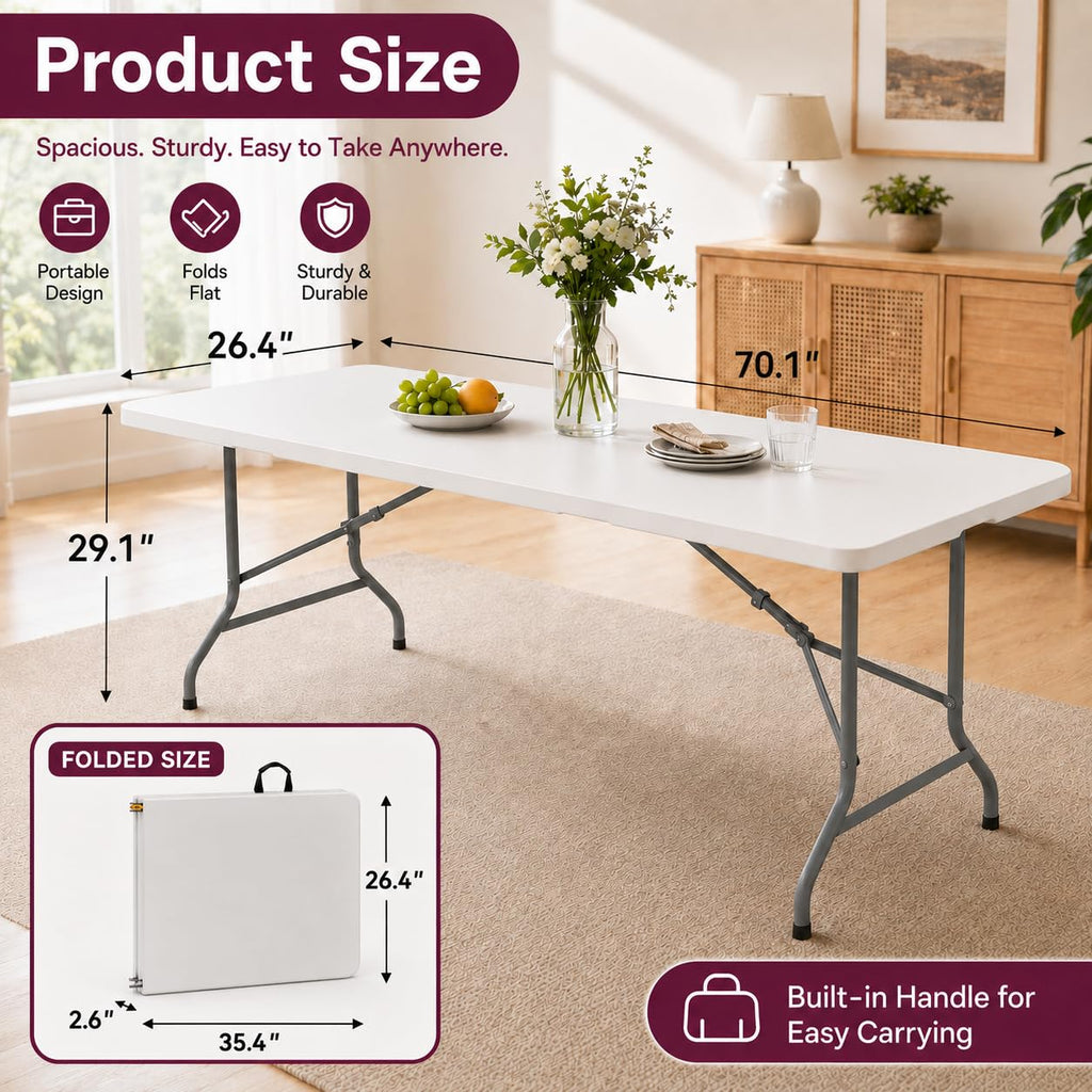 6FT White Folding Plastic Utility Table with Carrying Handle D134628