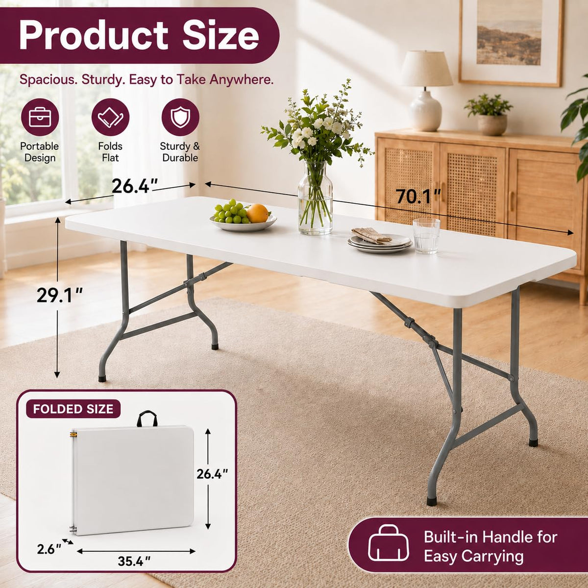 6FT White Folding Plastic Utility Table with Carrying Handle D134628