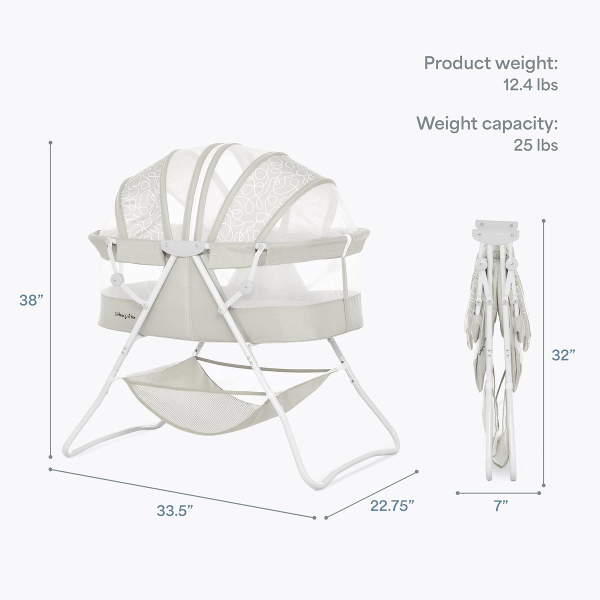 Portable Infant Bassinet, Double Mesh Canopy, Cool Grey N629