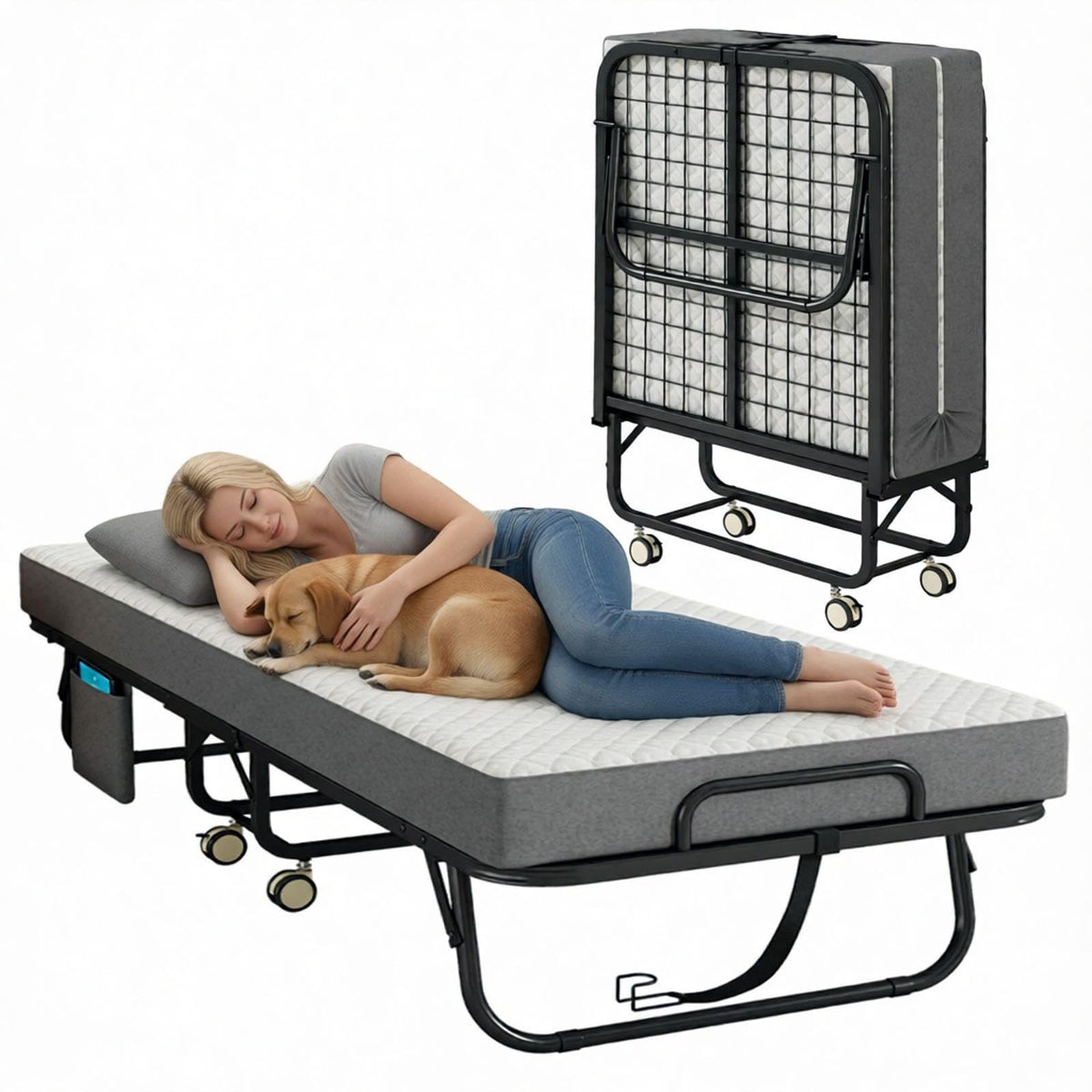 Folding Bed with Mattress, Memory Foam, Metal Frame L260823