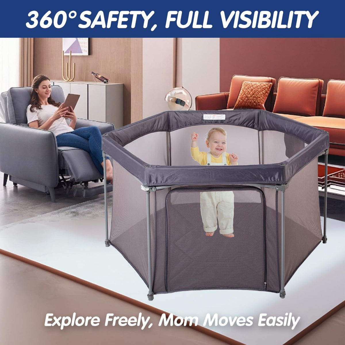 Baby Playpen 53x53 Inch Portable Play Yard with Breathable Mesh Walls Grey X910