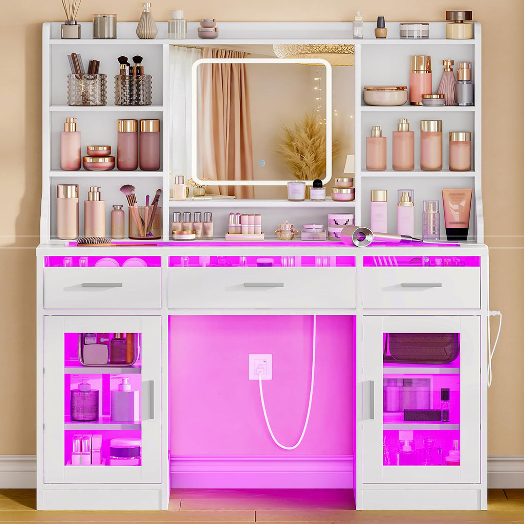 White Vanity Desk with Mirror and Lights U8686