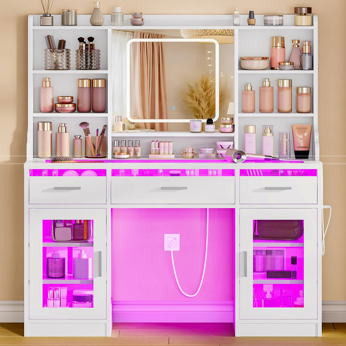 White Vanity Desk with Mirror and Lights U8686
