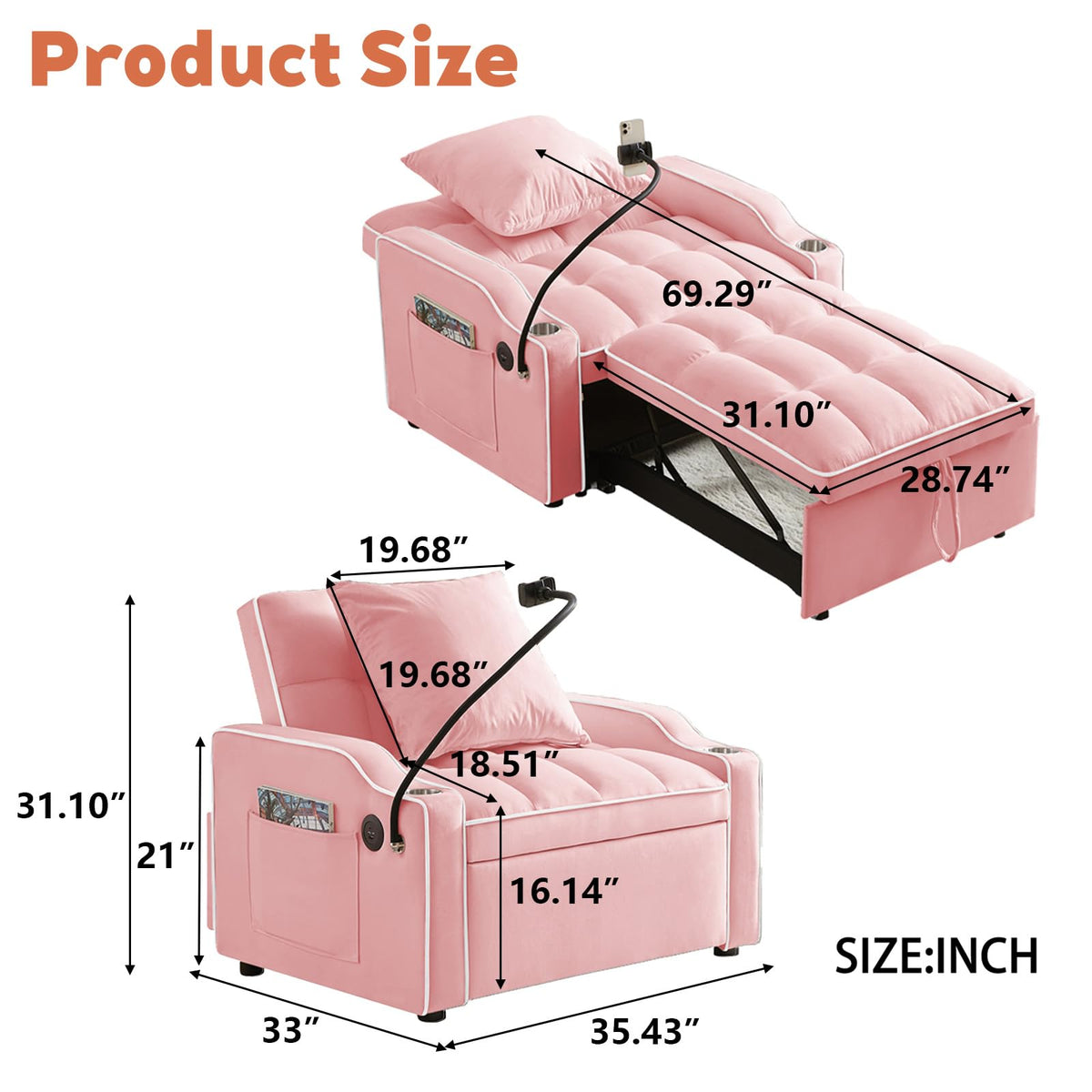 Pink Velvet Convertible Sleeper Chair L515