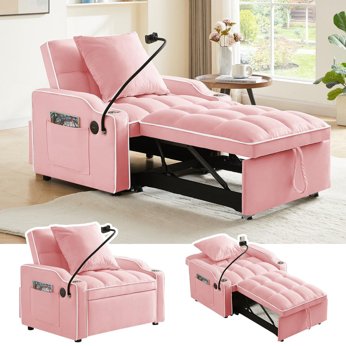 Pink Velvet Convertible Sleeper Chair L515