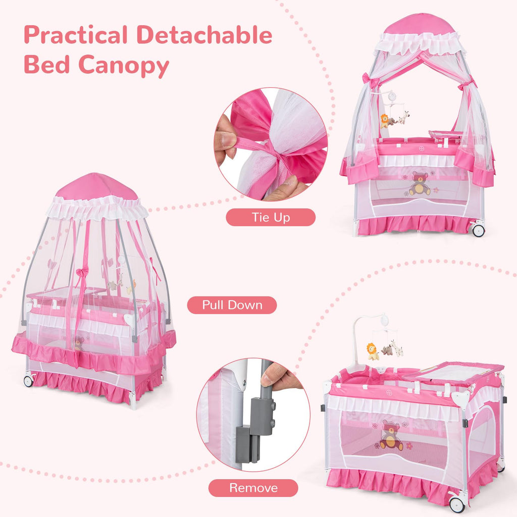4-in-1 Pack and Play with Canopy, Changing Table and Bassinet, Hot Pink V30521