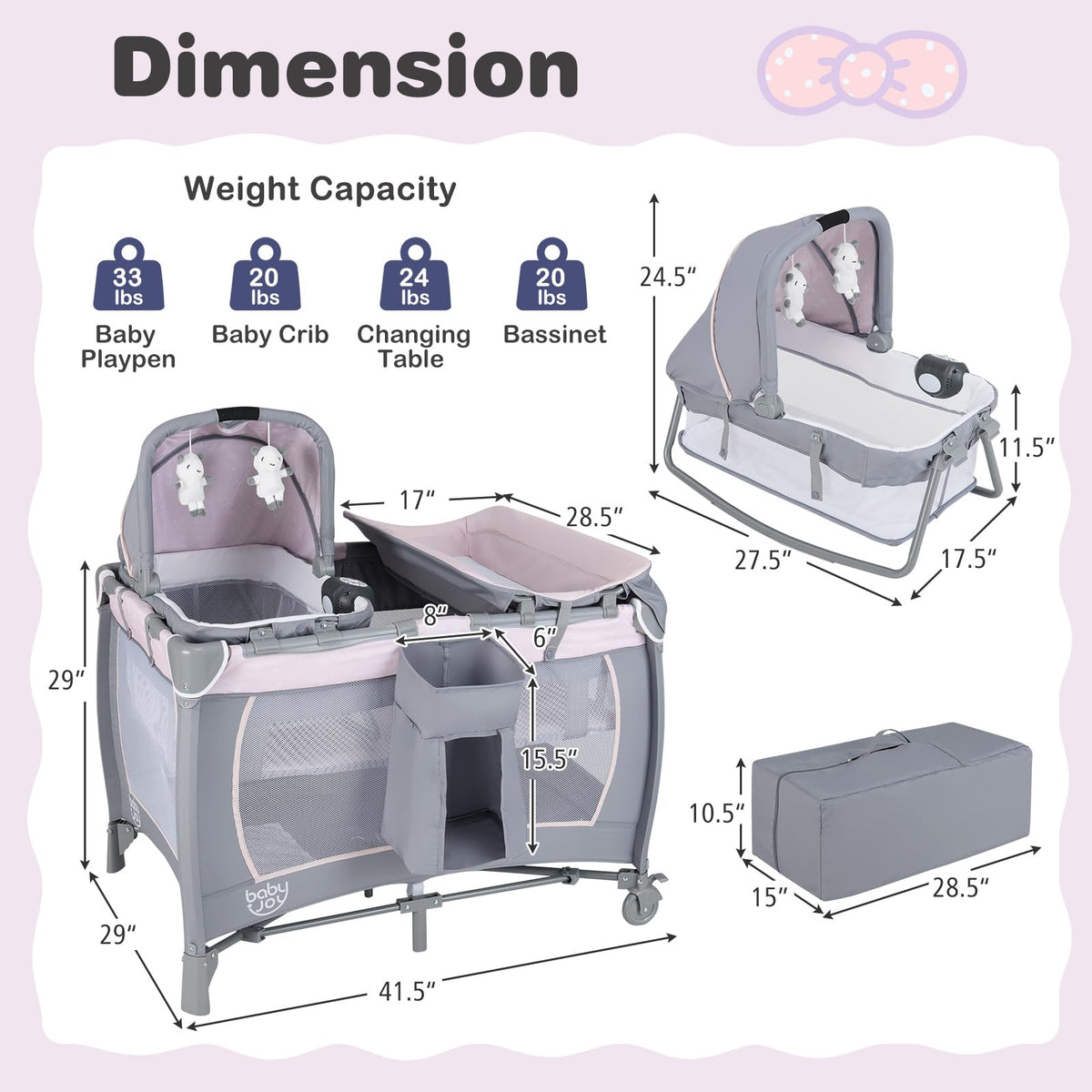 5 in 1 Pack and Play with Bassinet and Diaper Changing Table T204