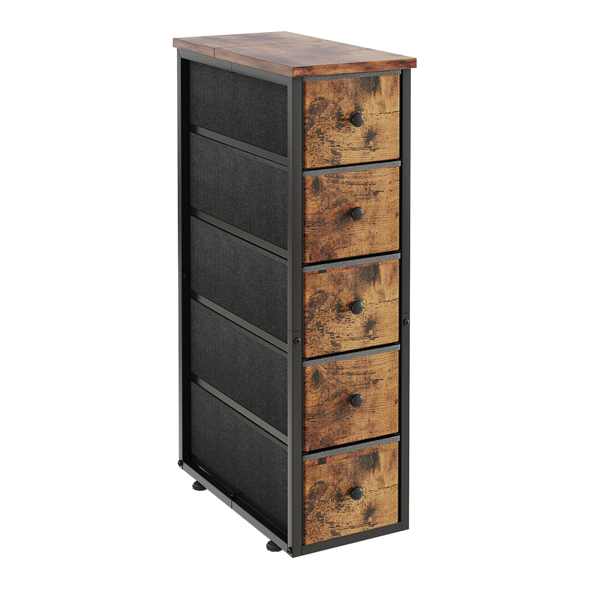 Narrow 5 Fabric Drawers Rustic Brown Dresser A109