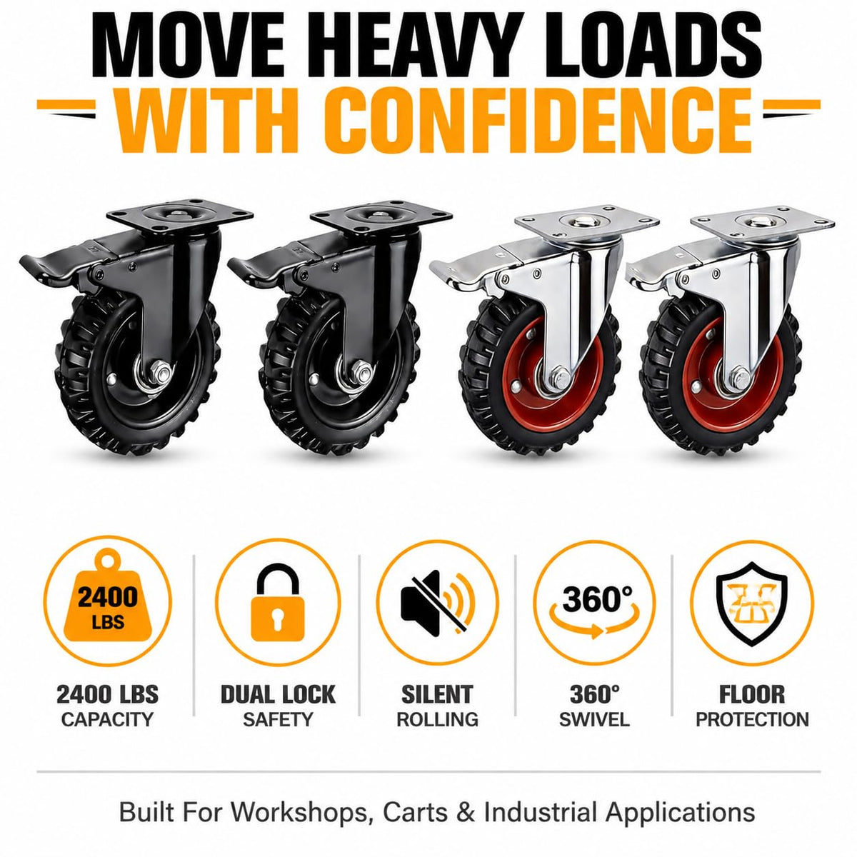 5 Inch Dual Locking Rubber Caster Wheels, 600 Lbs, 4-Pack J2754