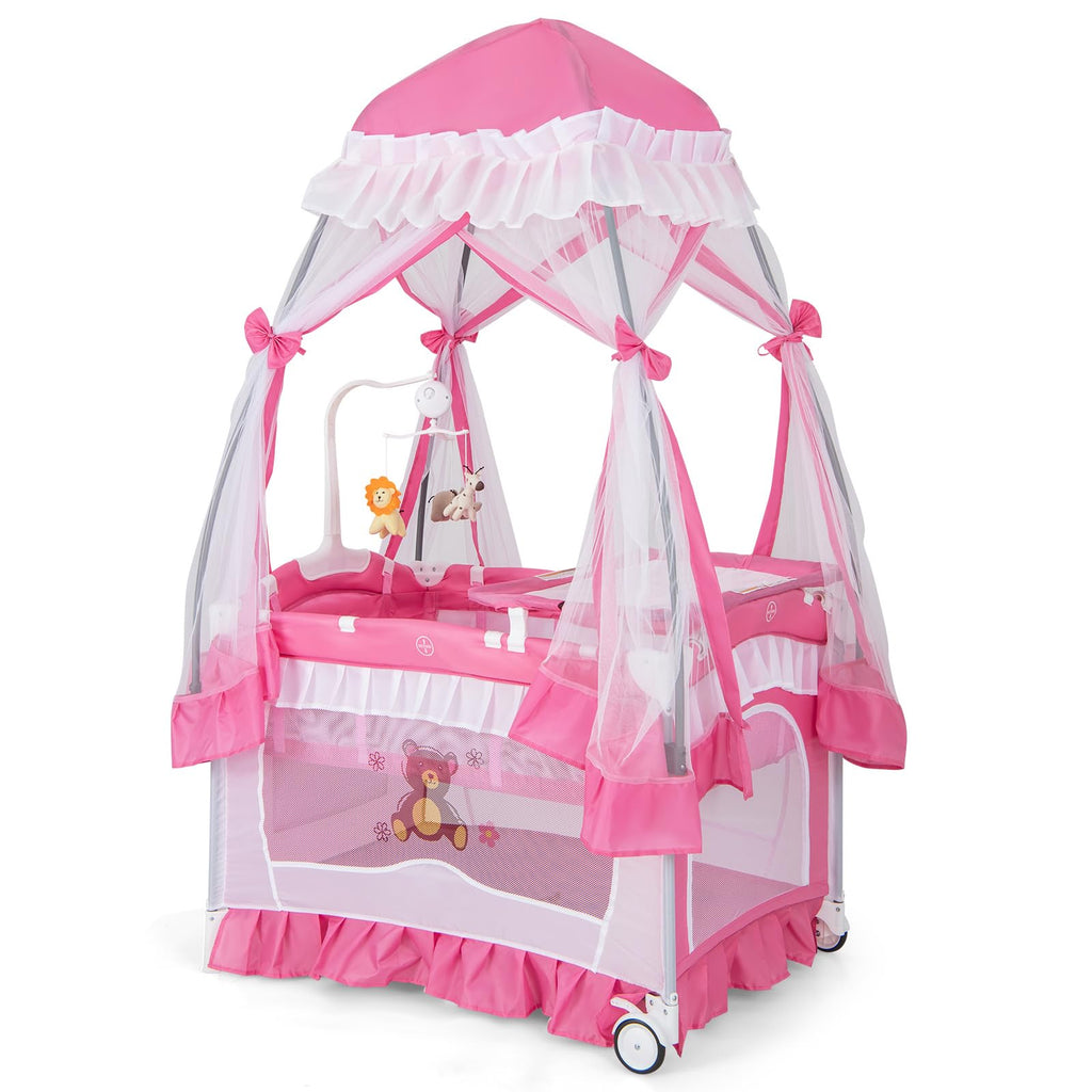 4-in-1 Pack and Play with Canopy, Changing Table and Bassinet, Hot Pink V30521
