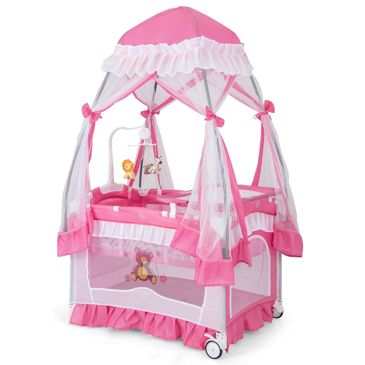 4-in-1 Pack and Play with Canopy, Changing Table and Bassinet, Hot Pink V30521