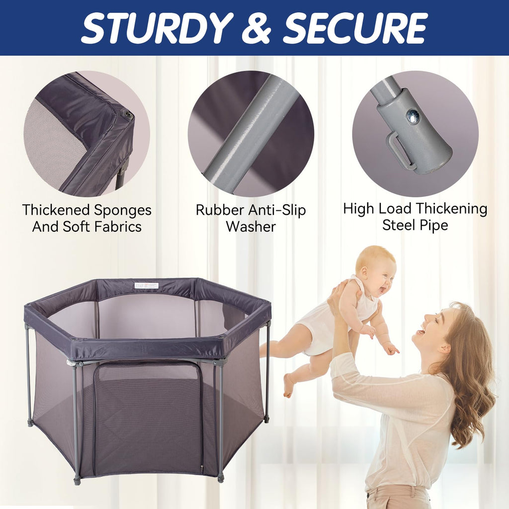Baby Playpen 53x53 Inch Portable Play Yard with Breathable Mesh Walls Grey X910