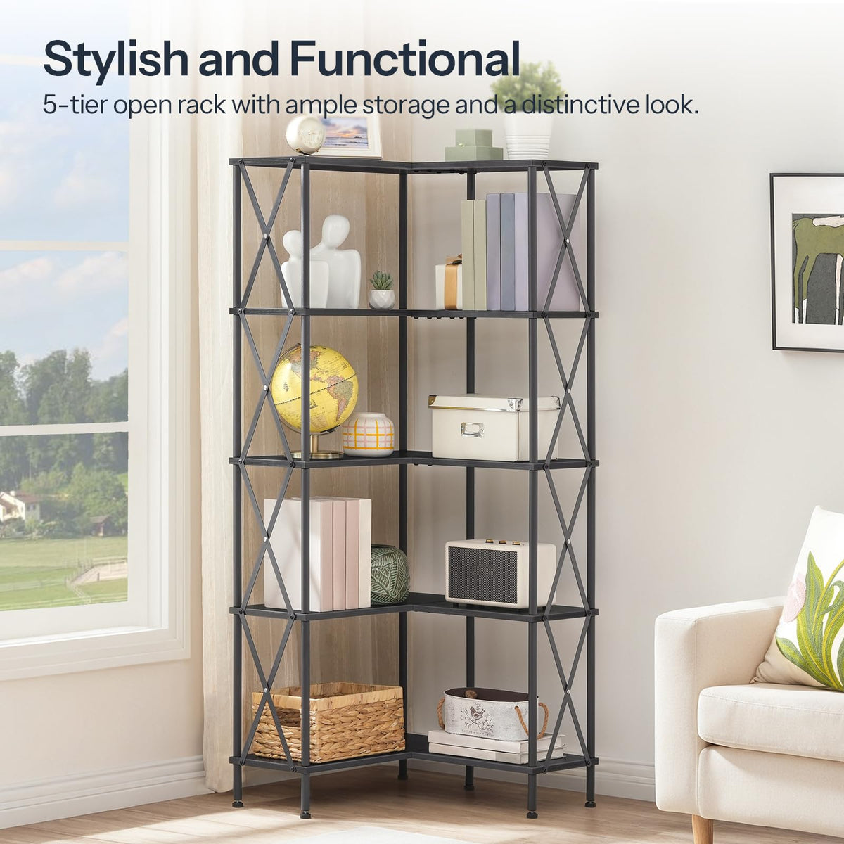 Black 5-Tier L-Shaped Corner Bookshelf B45278