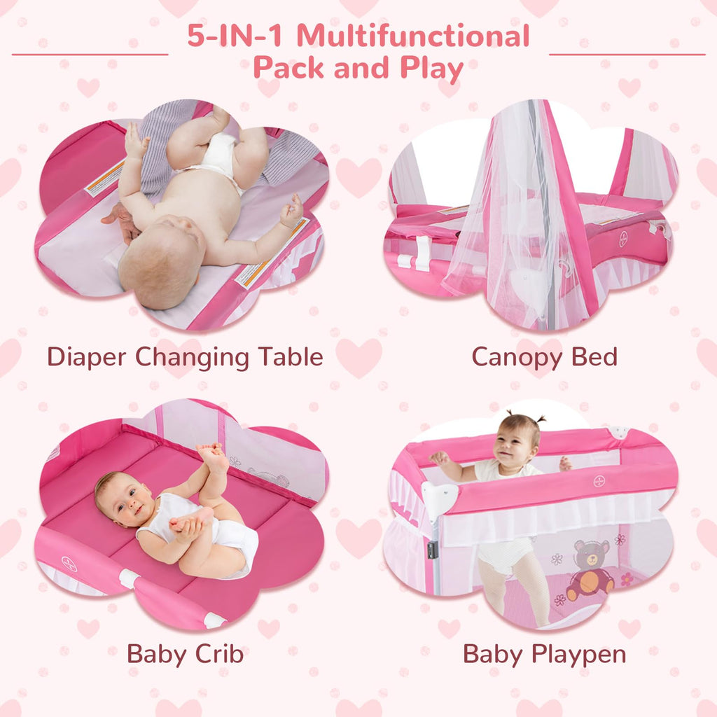 4-in-1 Pack and Play with Canopy, Changing Table and Bassinet, Hot Pink V30521