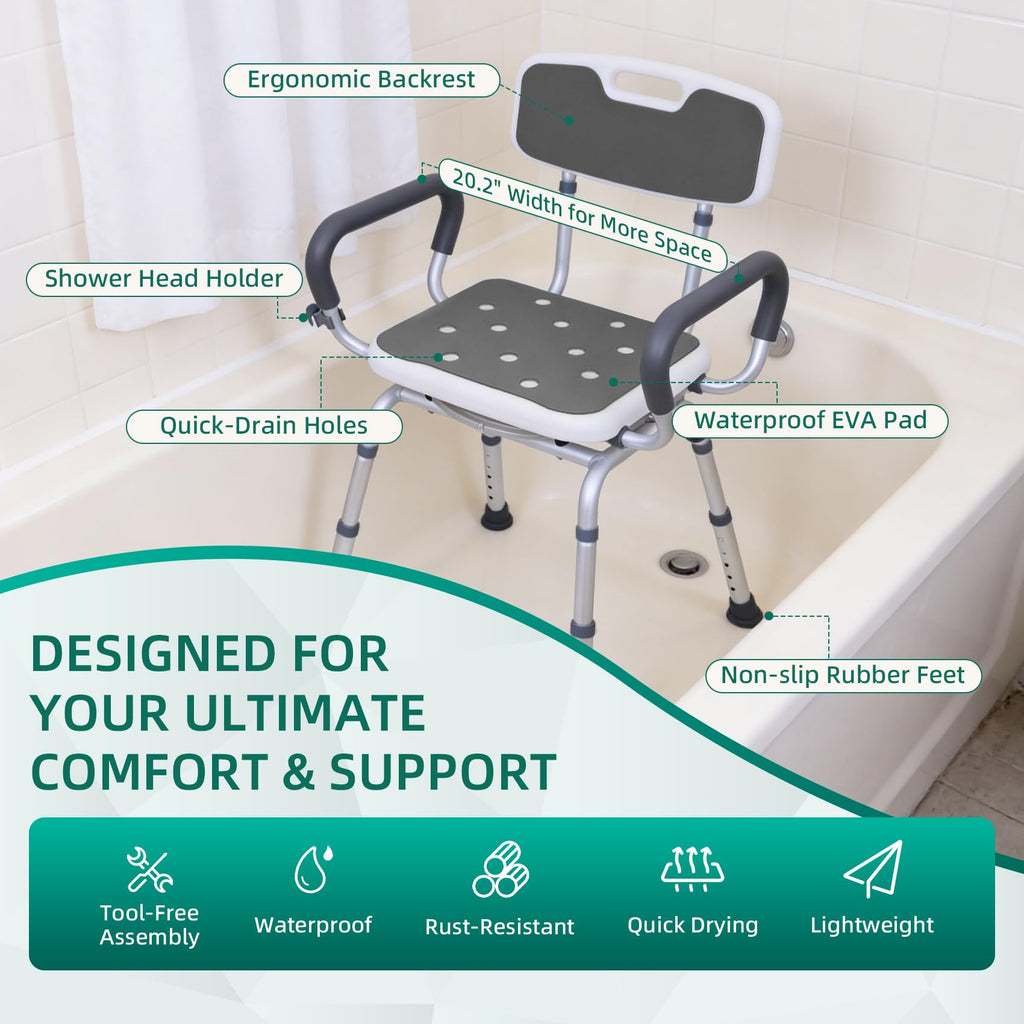 Swivel Shower Chair with Arms & Back, Heavy Duty Non-Slip Rotating Shower Bench Seat G239970
