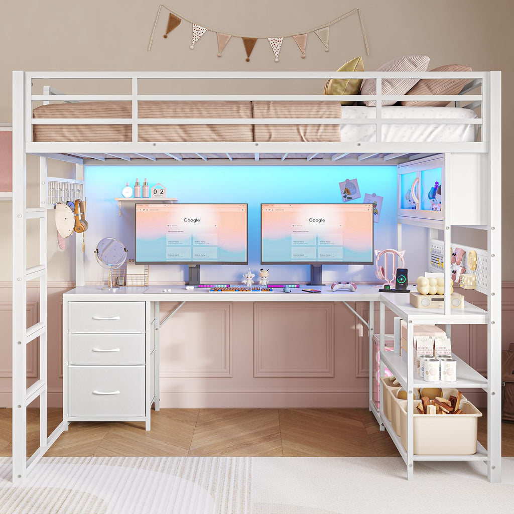 White Twin Gaming Loft Bed with Desk F24864