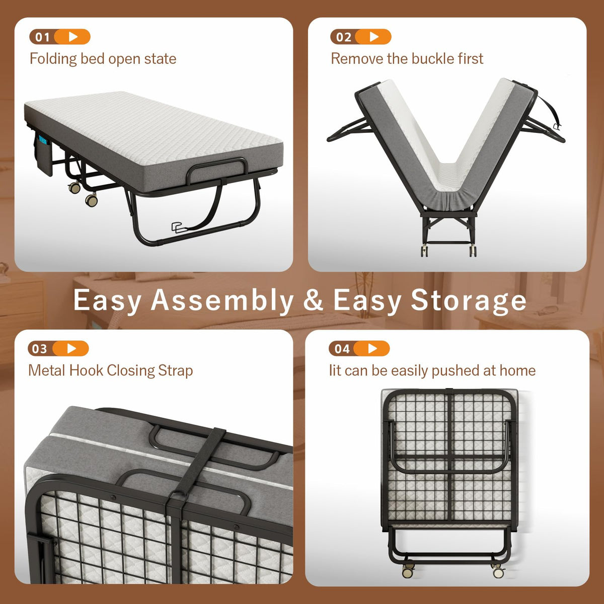 Folding Bed with Mattress, Memory Foam, Metal Frame L260823