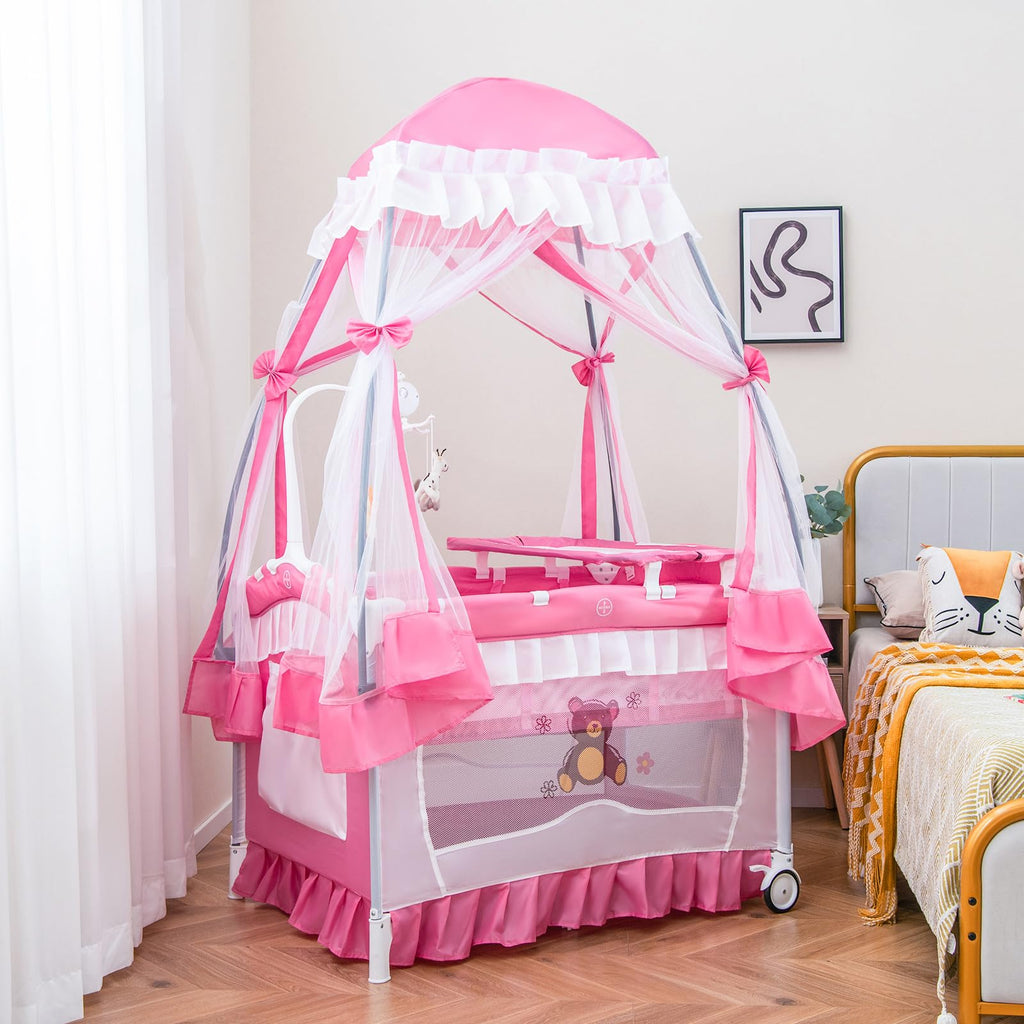 4-in-1 Pack and Play with Canopy, Changing Table and Bassinet, Hot Pink V30521