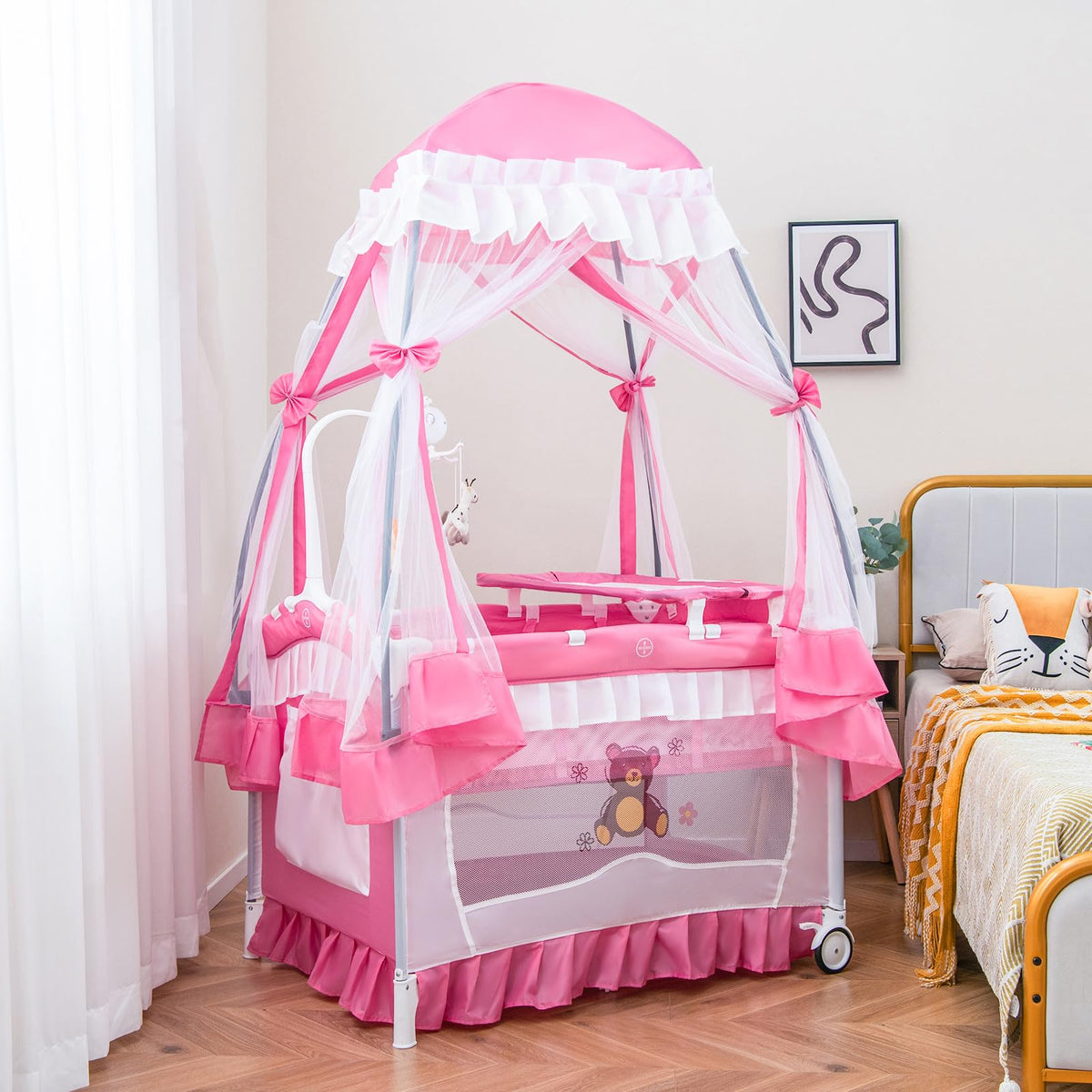 4-in-1 Pack and Play with Canopy, Changing Table and Bassinet, Hot Pink V30521
