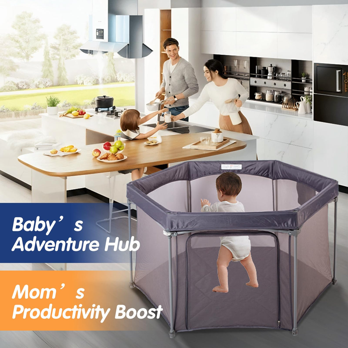 Baby Playpen 53x53 Inch Portable Play Yard with Breathable Mesh Walls Grey X910