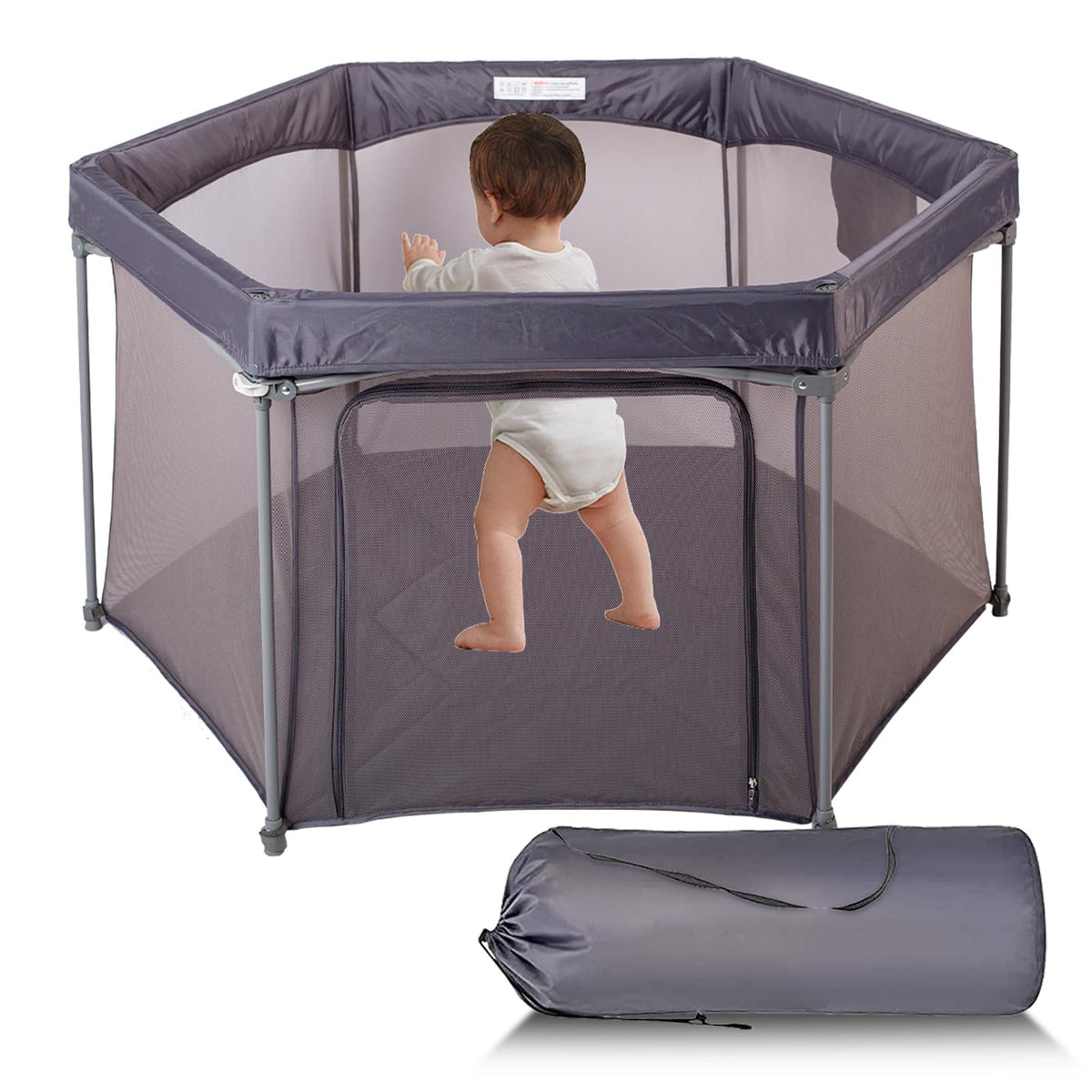 Baby Playpen 53x53 Inch Portable Play Yard with Breathable Mesh Walls Grey X910