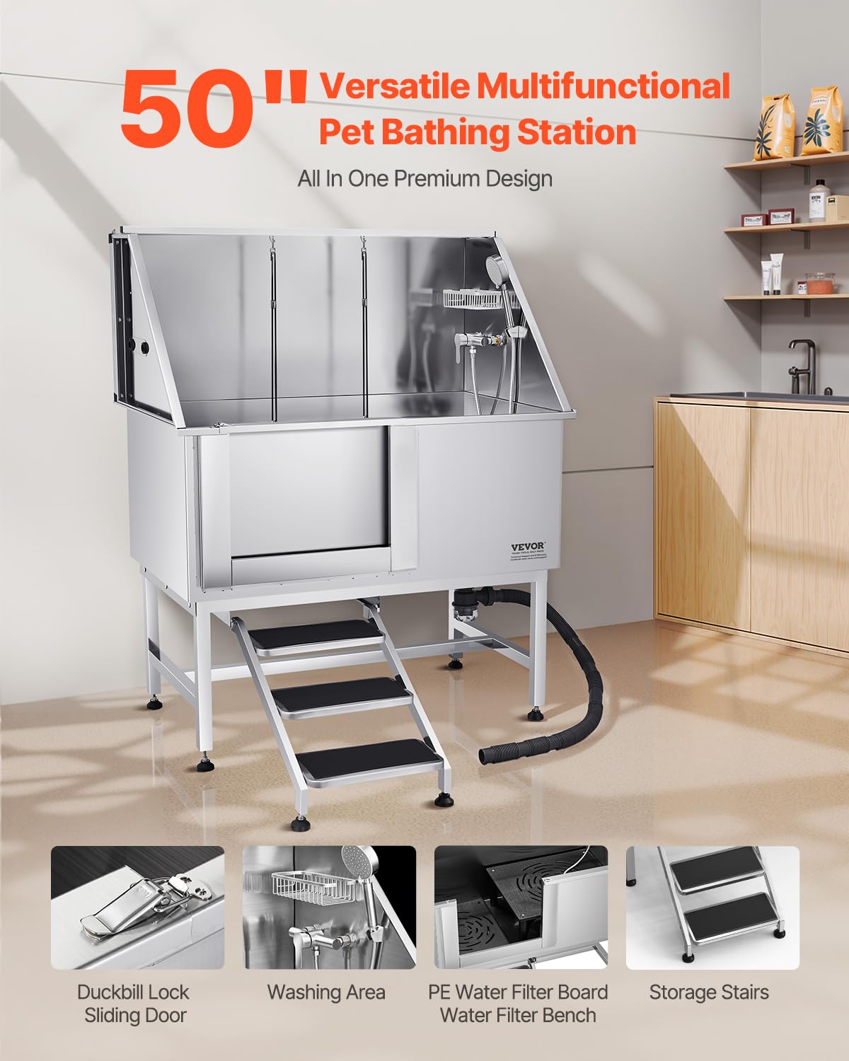 Stainless Steel 50 inch Pet Grooming Tub with Stairs N526479