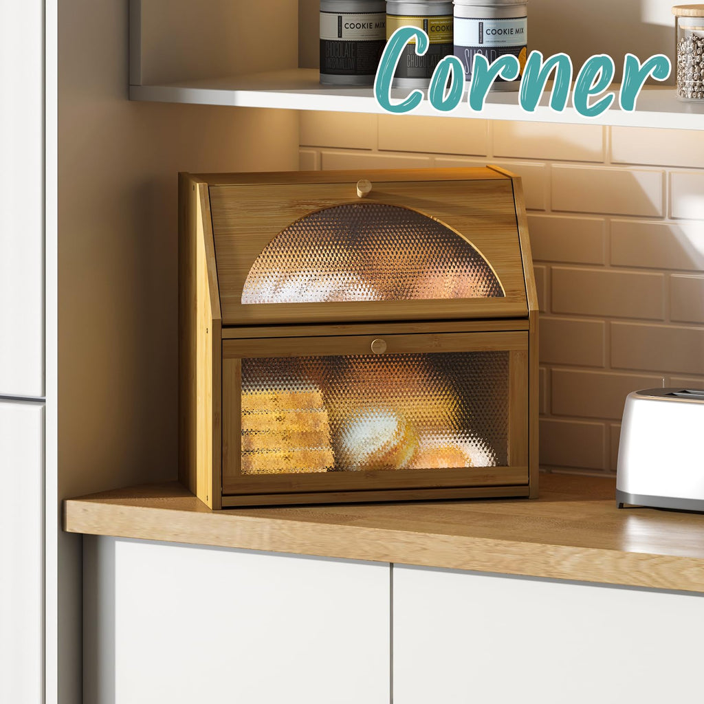 Extra Large Bamboo Wood Double Layer Bread Box A830622